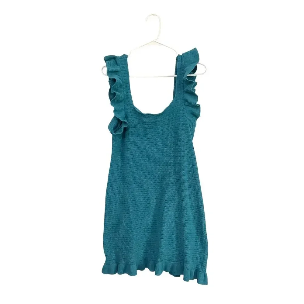 Anthropologie Ruffled Pointelle Knit Mini Dress Square Neck Blue Medium - Picture 3 of 9
